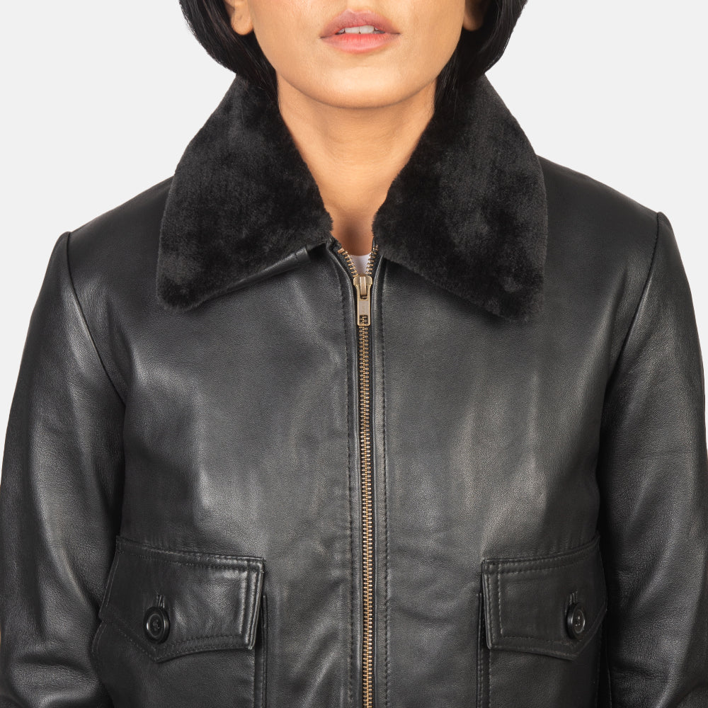 Stella G-1 Black Leather Bomber Jacket - women's jacket in black sheepskin leather, view 6