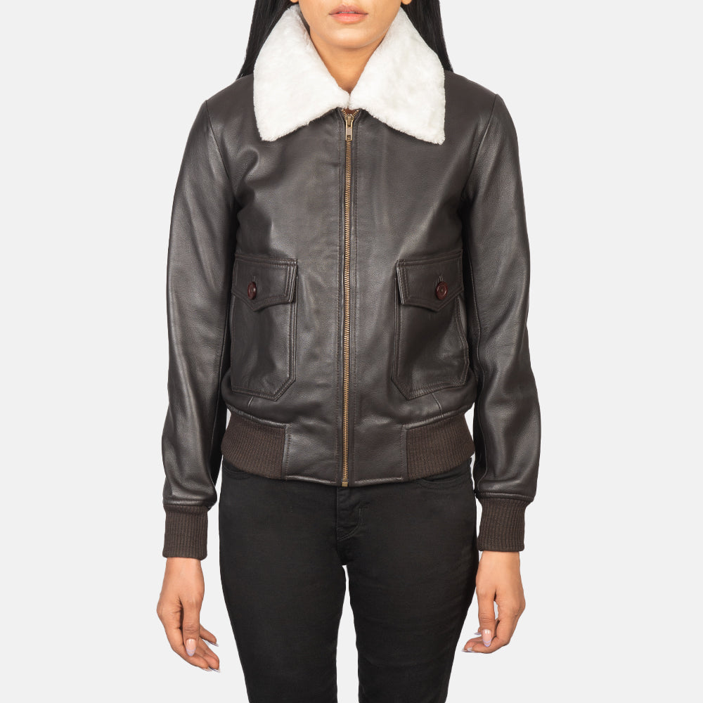 Brex Stella G-1 Brown Leather Bomber Jacket - women's jacket in brown sheepskin leather, view 4