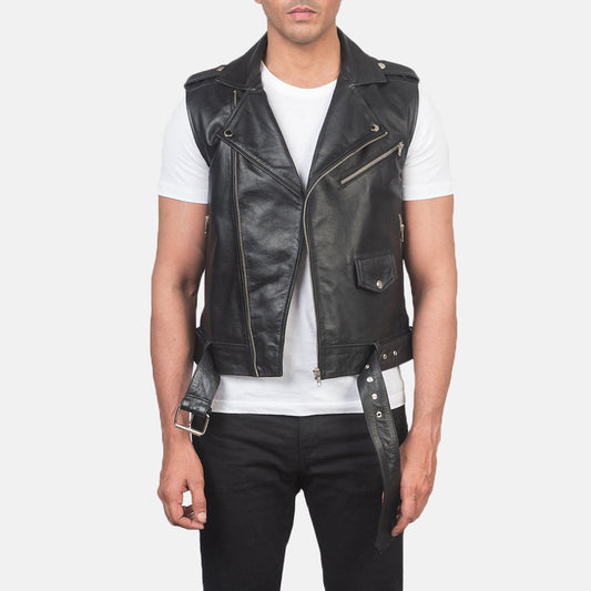 Sullivan Black Leather Biker Vest - men's vest in black cowhide leather, view 1