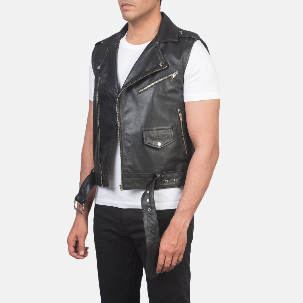 Sullivan Black Leather Biker Vest - men's vest in black cowhide leather, view 2