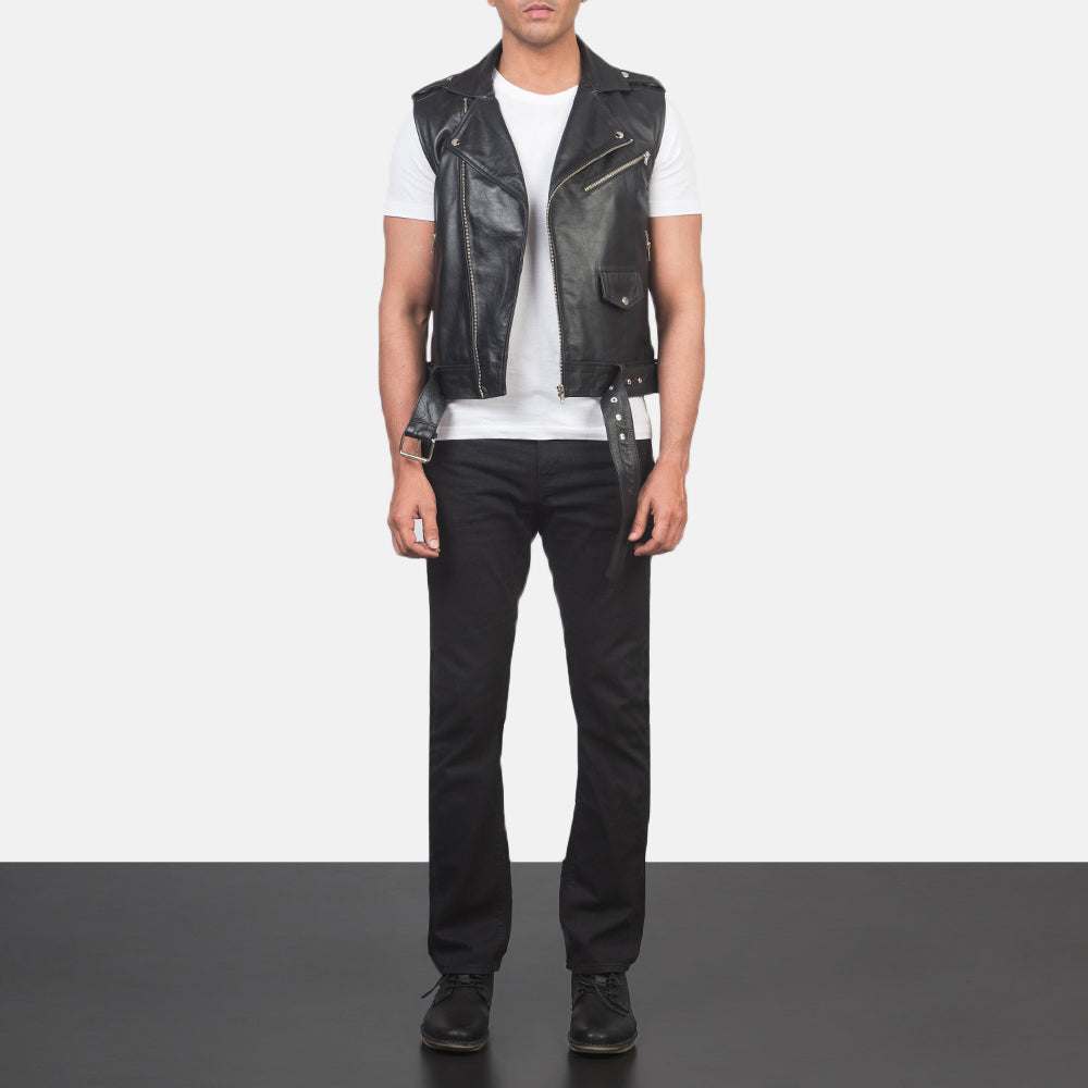 Sullivan Black Leather Biker Vest - men's vest in black cowhide leather, view 3