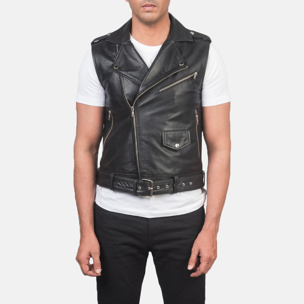 Sullivan Black Leather Biker Vest - men's vest in black cowhide leather, view 4