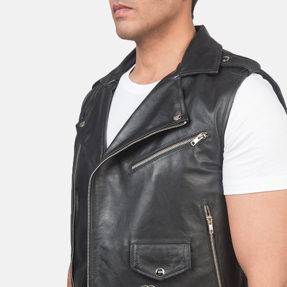 Sullivan Black Leather Biker Vest - men's vest in black cowhide leather, view 6