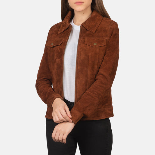 Suzy Brown Suede Trucker Jacket - women's jacket in brown suede leather, view 1