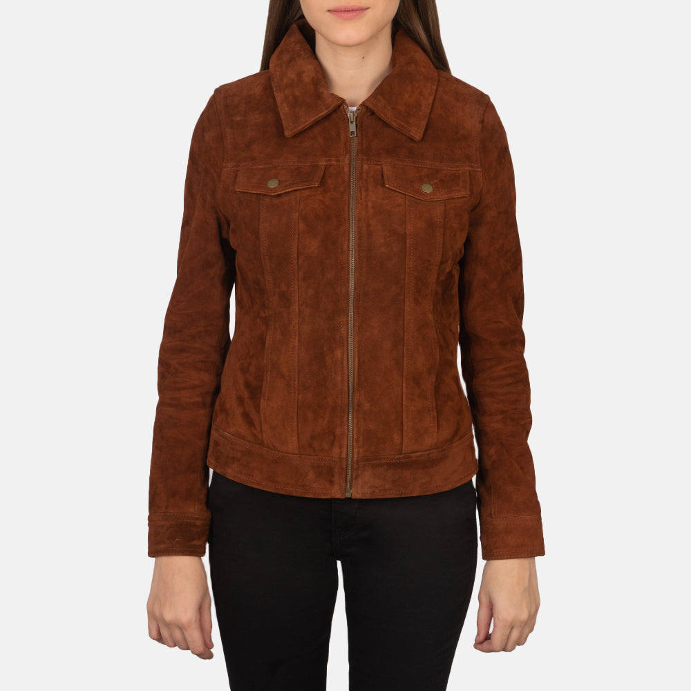 Suzy Brown Suede Trucker Jacket - women's jacket in brown suede leather, view 2