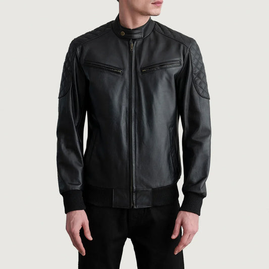 Sven Black Leather Bomber Jacket - men's jacket in black cowhide leather, view 1