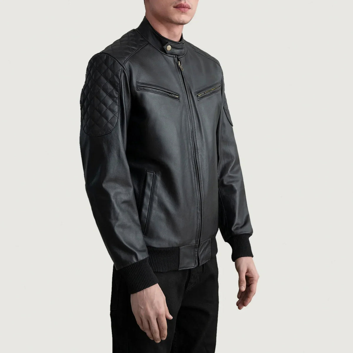Sven Black Leather Bomber Jacket - men's jacket in black cowhide leather, view 2