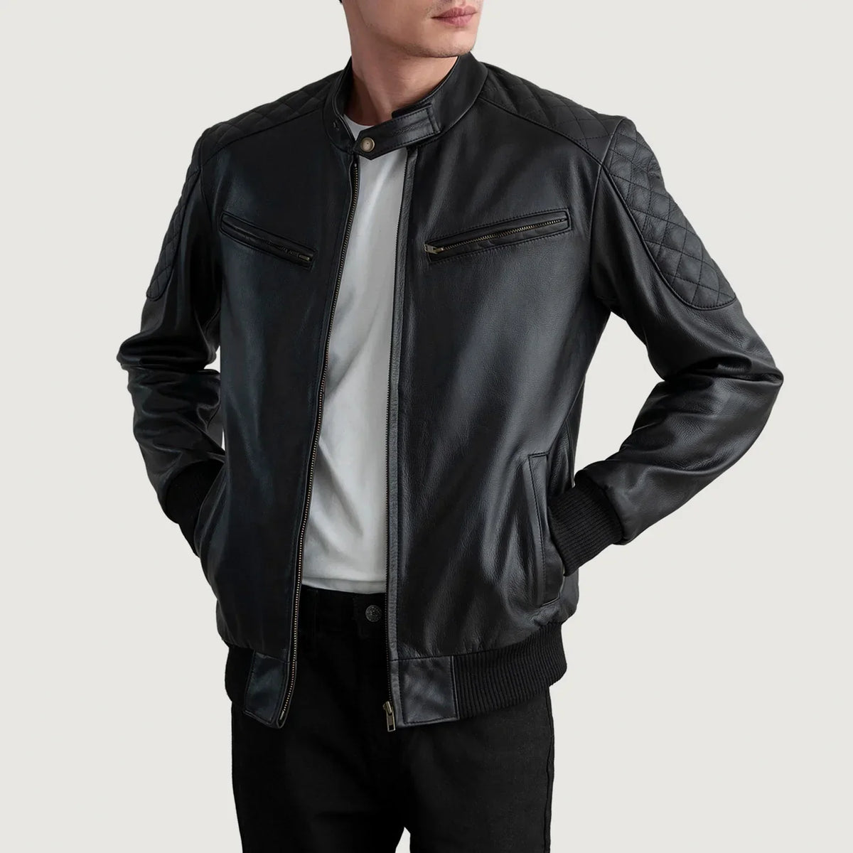 Sven Black Leather Bomber Jacket - men's jacket in black cowhide leather, view 3