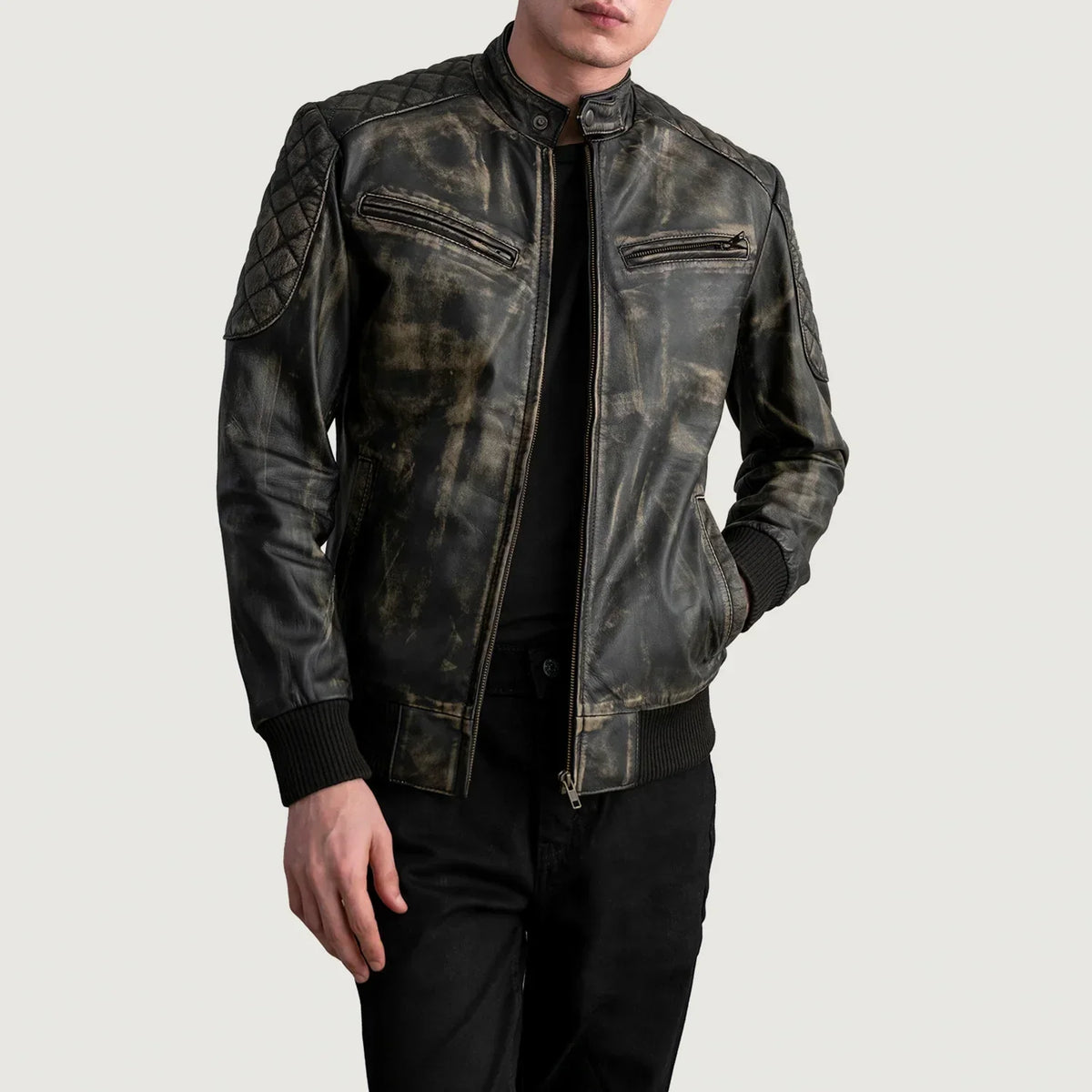 Sven Distressed Brown Leather Bomber Jacket - men's jacket in brown premium leather, view 1