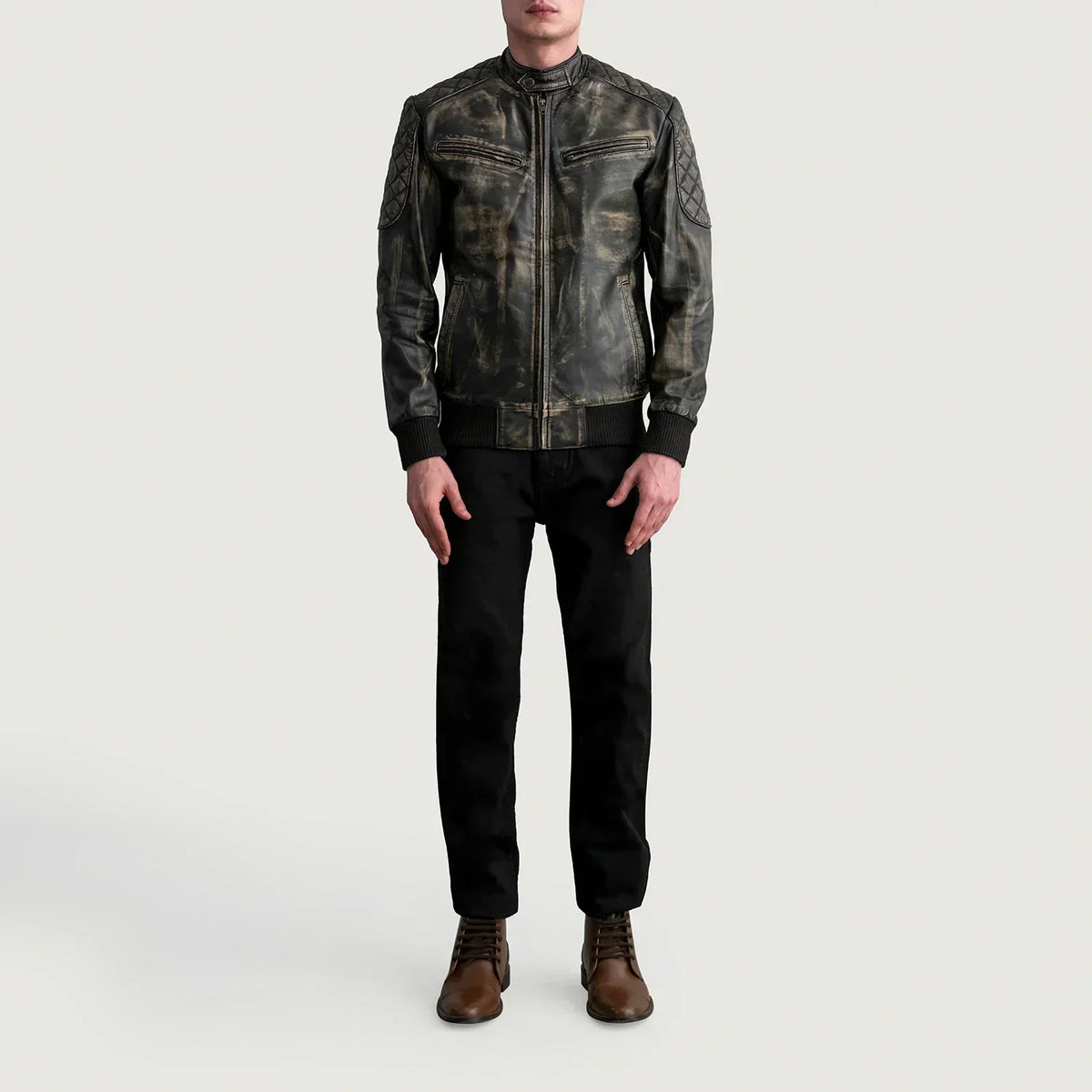 Sven Distressed Brown Leather Bomber Jacket - men's jacket in brown premium leather, view 4