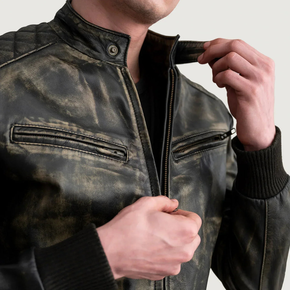 Sven Distressed Brown Leather Bomber Jacket - men's jacket in brown premium leather, view 5