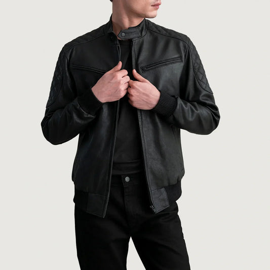 Sven Tumbled Black Leather Bomber Jacket - men's jacket in black premium leather, view 1