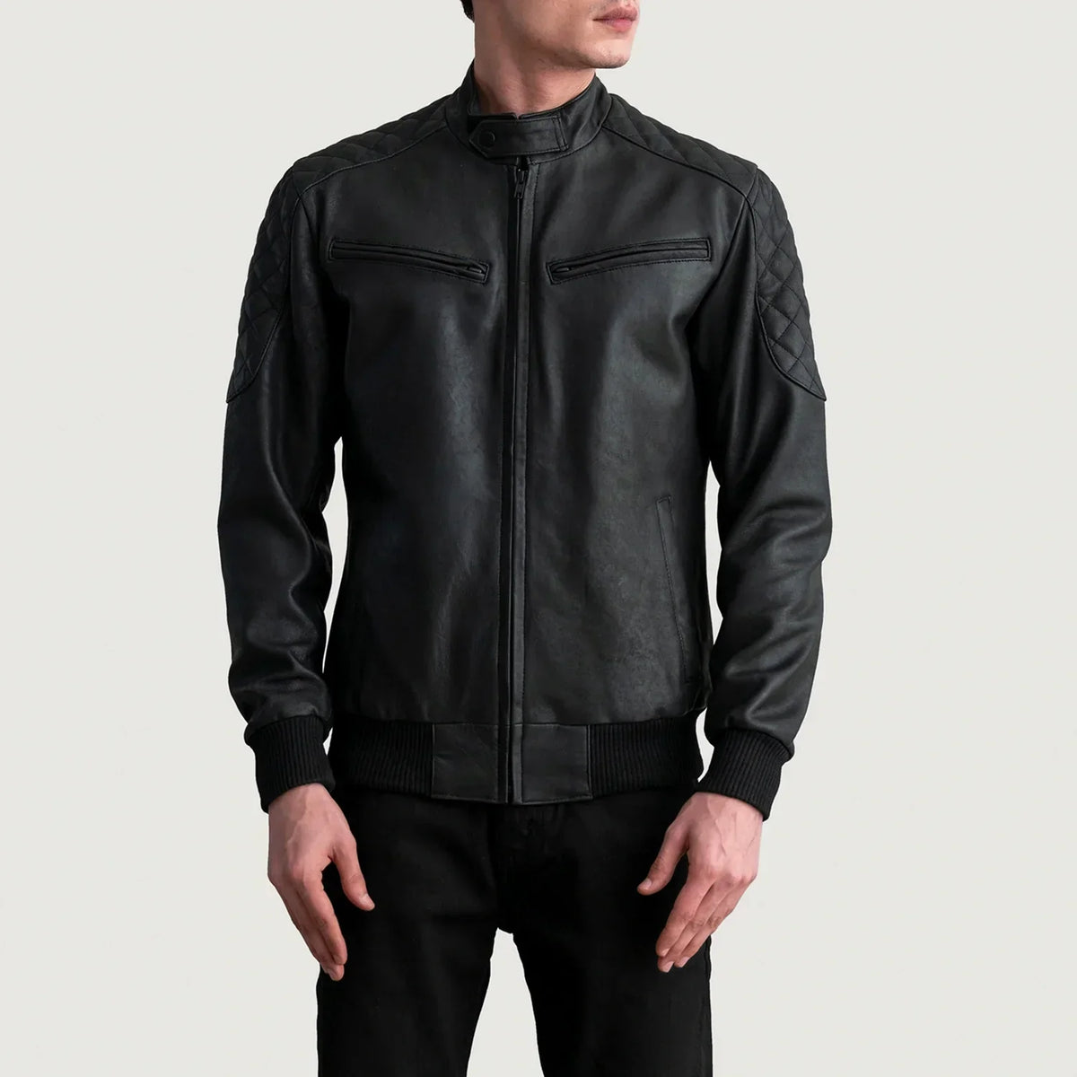 Sven Tumbled Black Leather Bomber Jacket - men's jacket in black premium leather, view 3