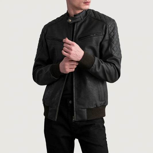 Sven Tumbled Brown Leather Bomber Jacket - men's jacket in brown premium leather, view 1