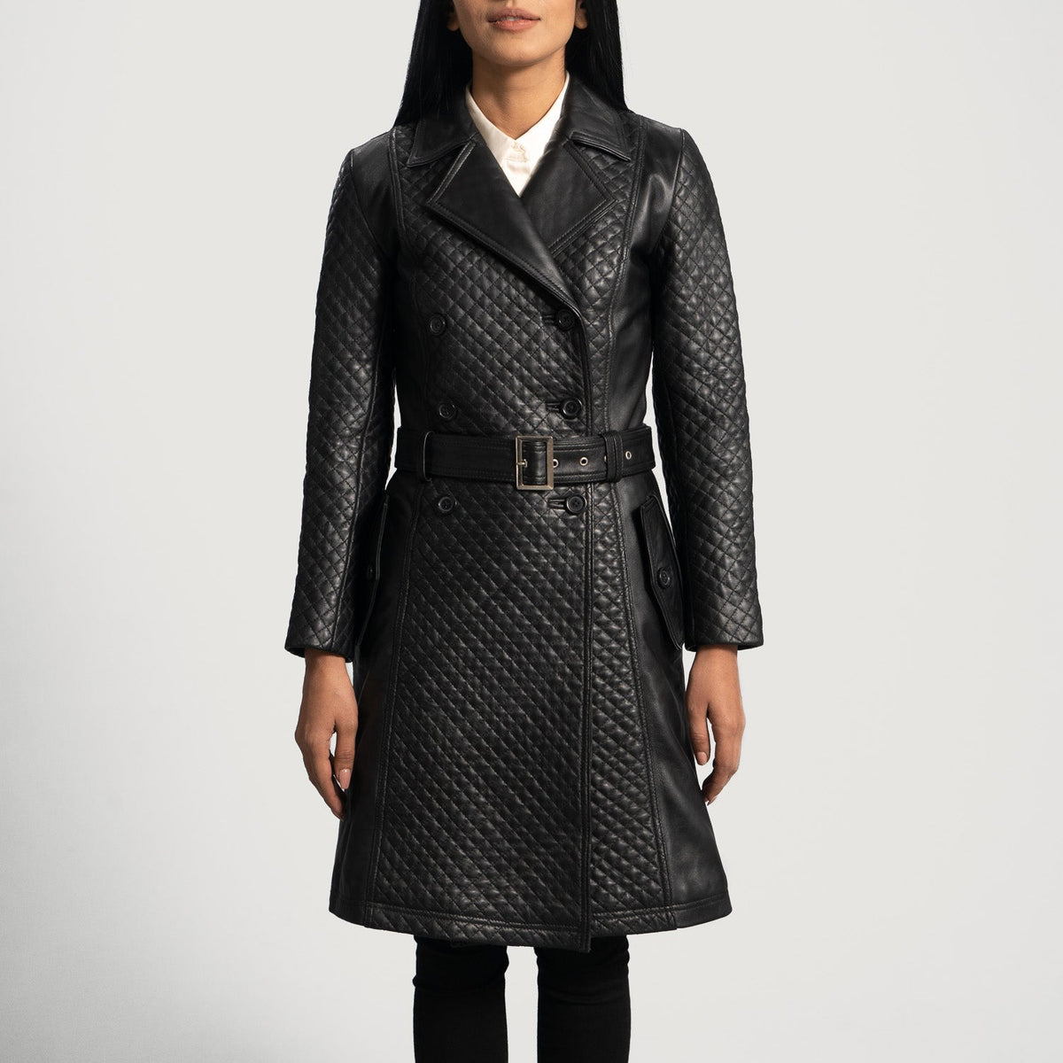 Sweet Susan Black Leather Trench Coat - women's coat in black sheepskin leather, view 1