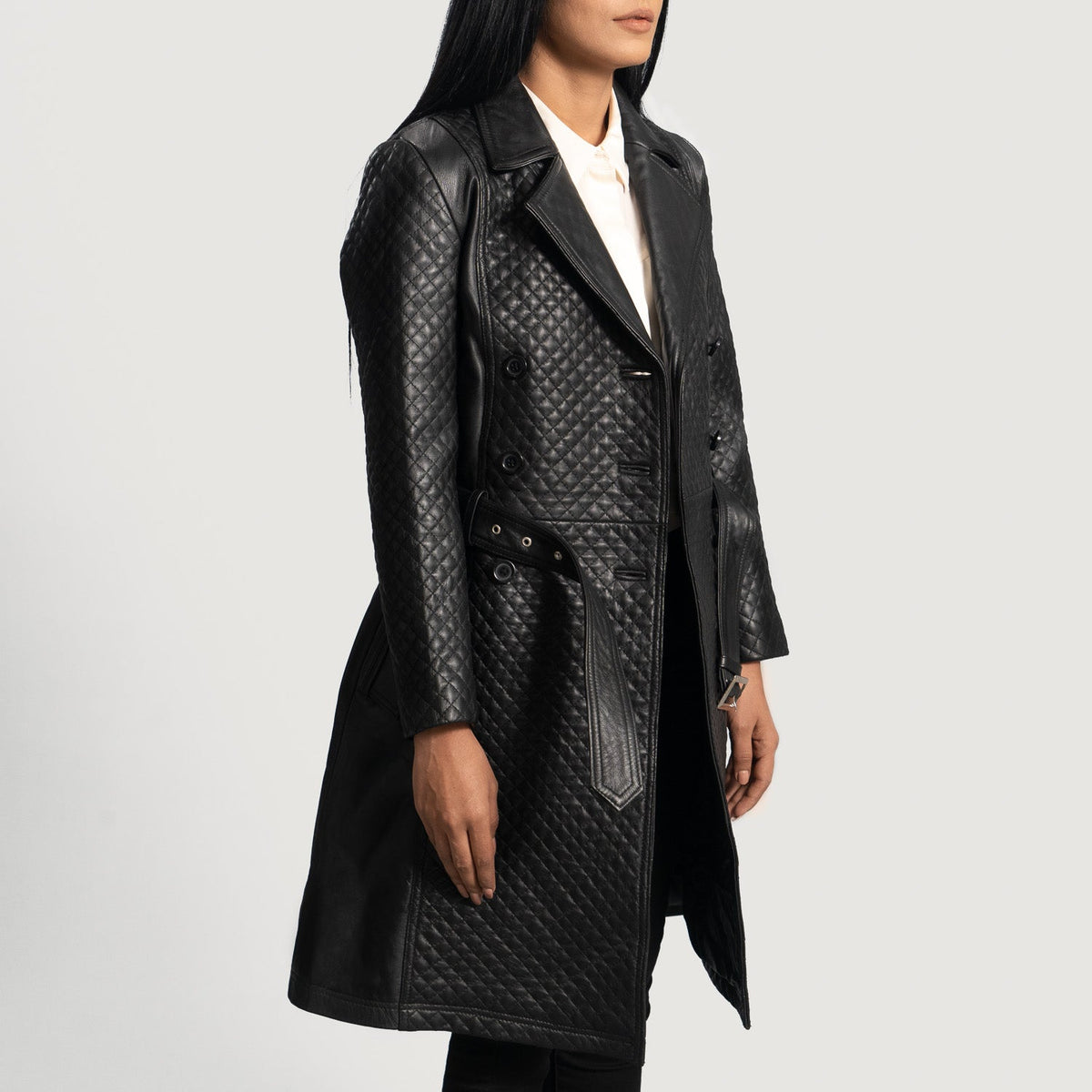 Sweet Susan Black Leather Trench Coat - women's coat in black sheepskin leather, view 2