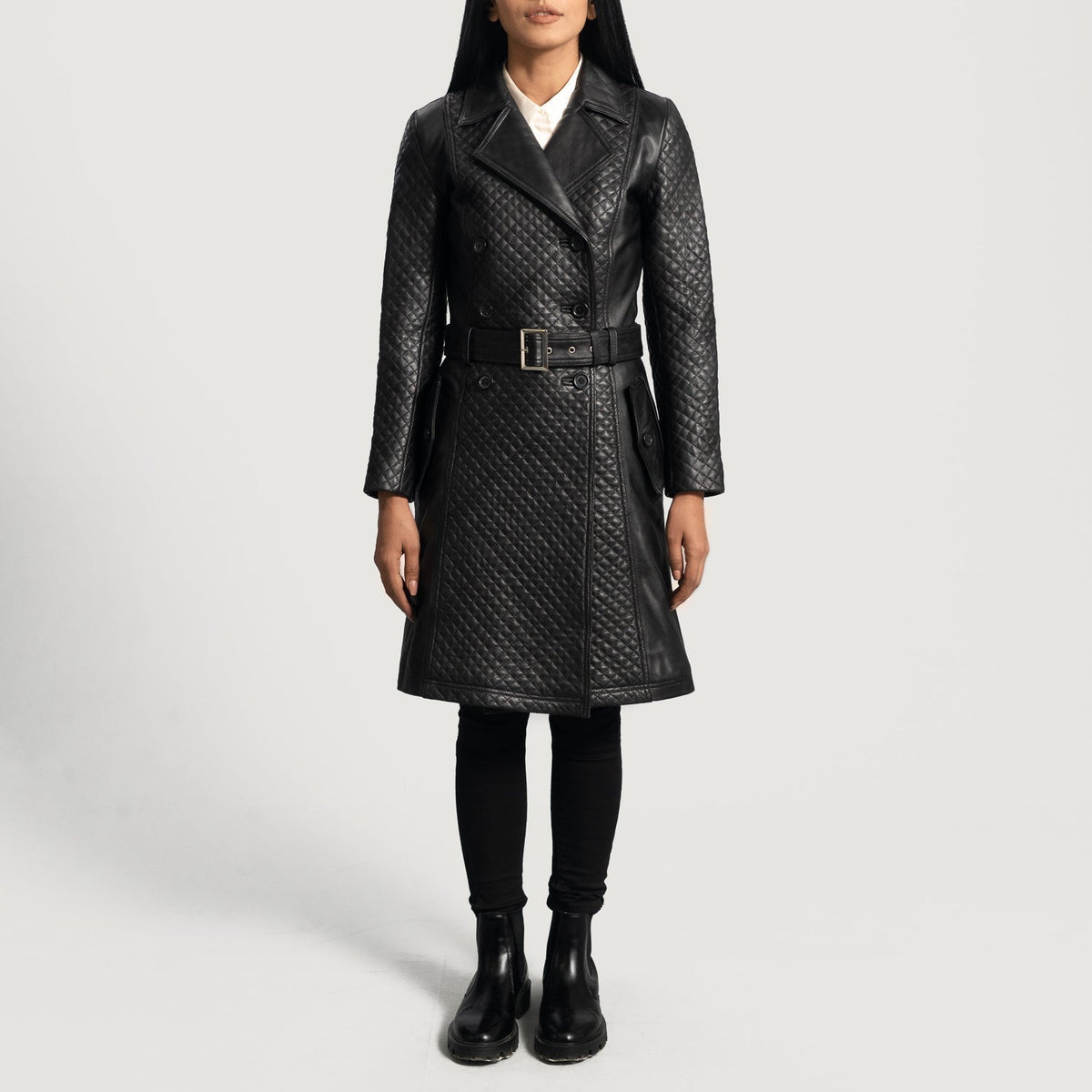 Sweet Susan Black Leather Trench Coat - women's coat in black sheepskin leather, view 3