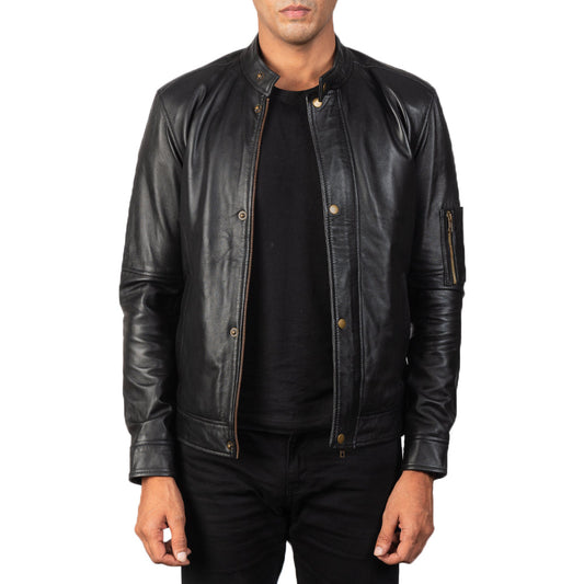 Tea House Black Leather Biker Jacket - men's jacket in black sheepskin leather, view 1