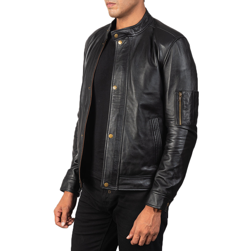 Tea House Black Leather Biker Jacket - men's jacket in black sheepskin leather, view 2