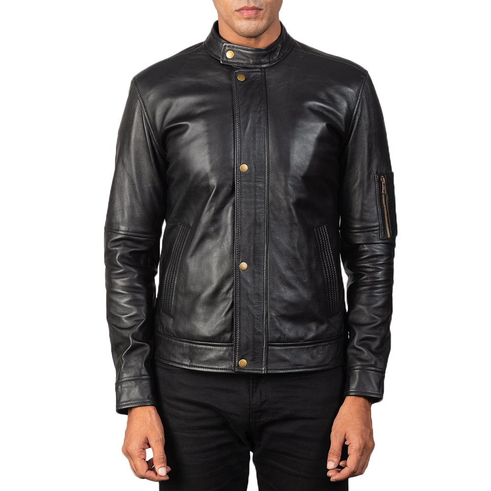 Tea House Black Leather Biker Jacket - men's jacket in black sheepskin leather, view 3