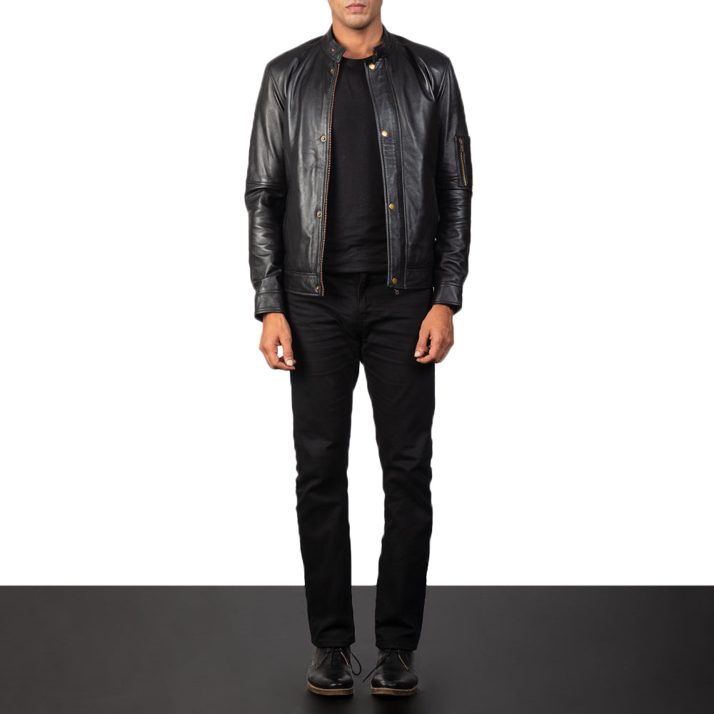 Tea House Black Leather Biker Jacket - men's jacket in black sheepskin leather, view 4