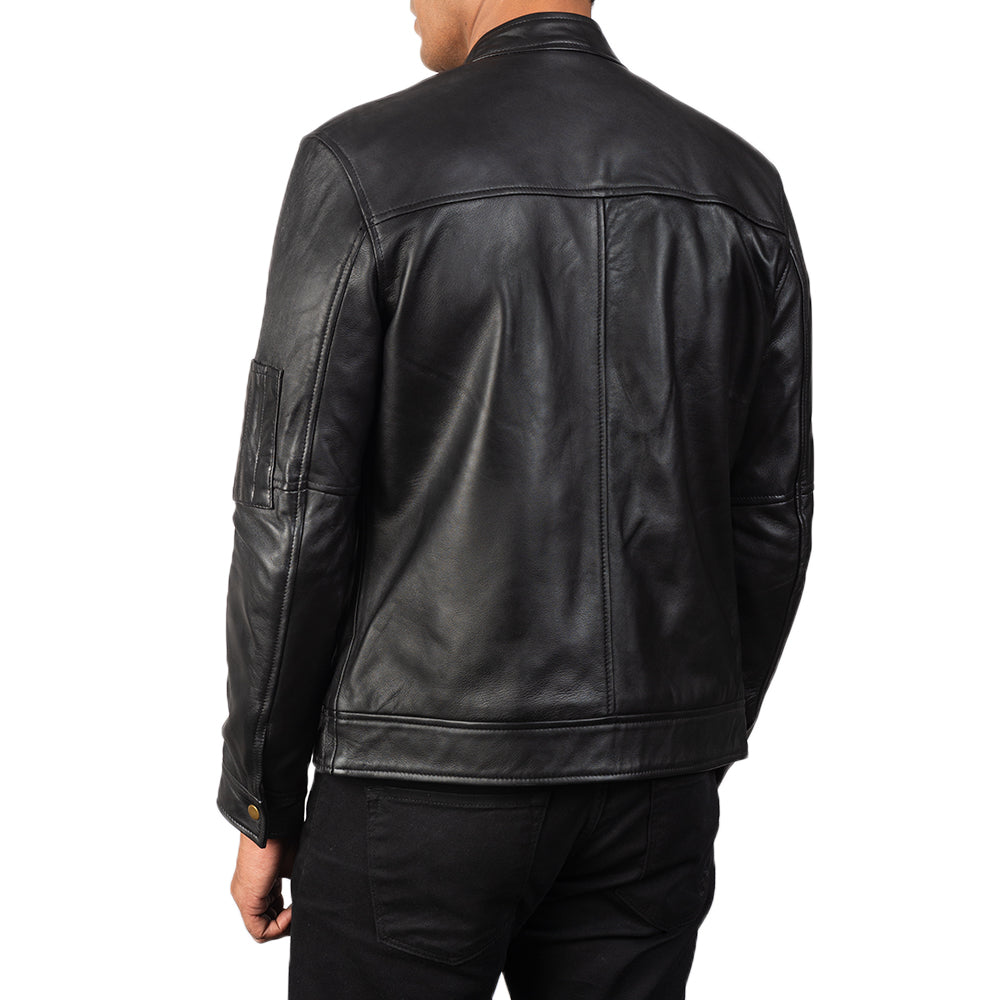 Tea House Black Leather Biker Jacket - men's jacket in black sheepskin leather, view 5