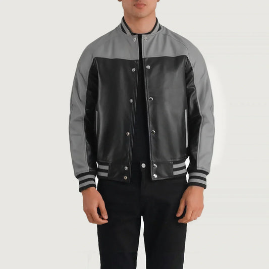 Terrance Black & Grey Leather Varsity Jacket - men's jacket in black & grey sheepskin leather, view 1
