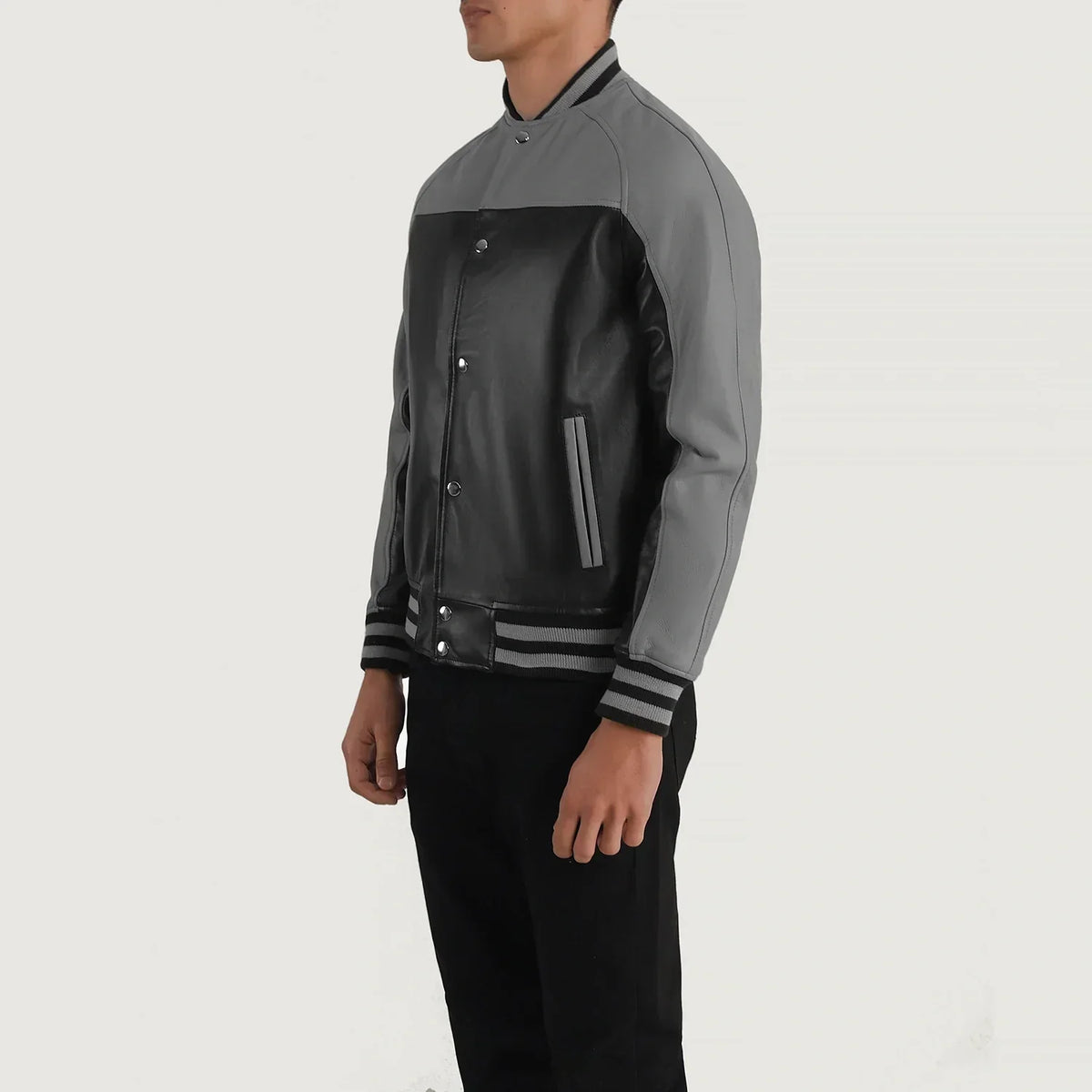 Terrance Black & Grey Leather Varsity Jacket - men's jacket in black & grey sheepskin leather, view 2