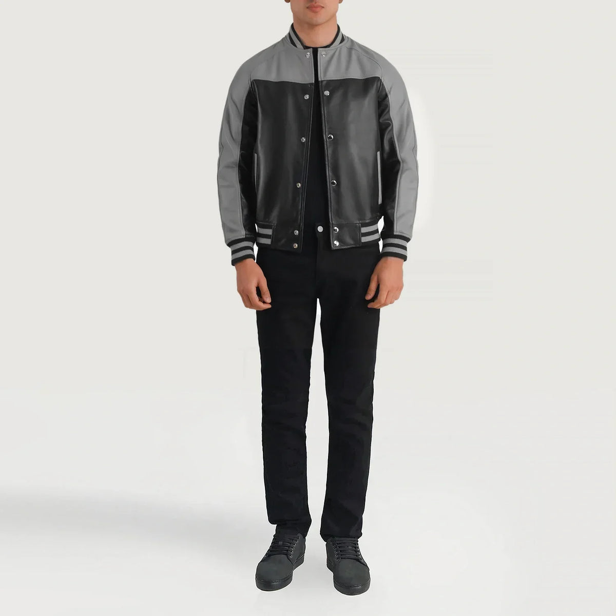 Terrance Black & Grey Leather Varsity Jacket - men's jacket in black & grey sheepskin leather, view 3
