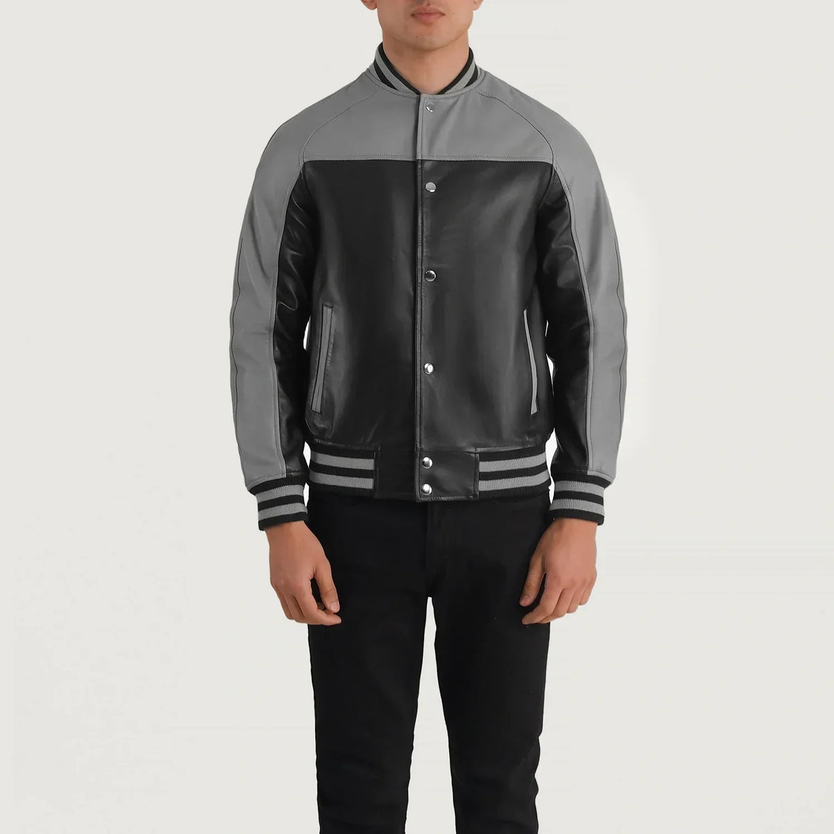Terrance Black & Grey Leather Varsity Jacket - men's jacket in black & grey sheepskin leather, view 4