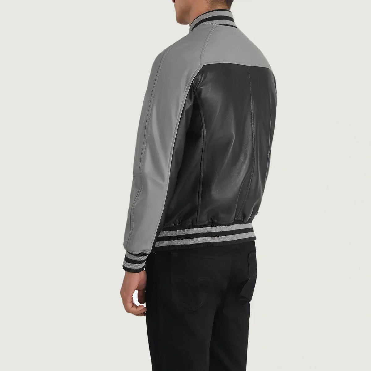 Terrance Black & Grey Leather Varsity Jacket - men's jacket in black & grey sheepskin leather, view 5