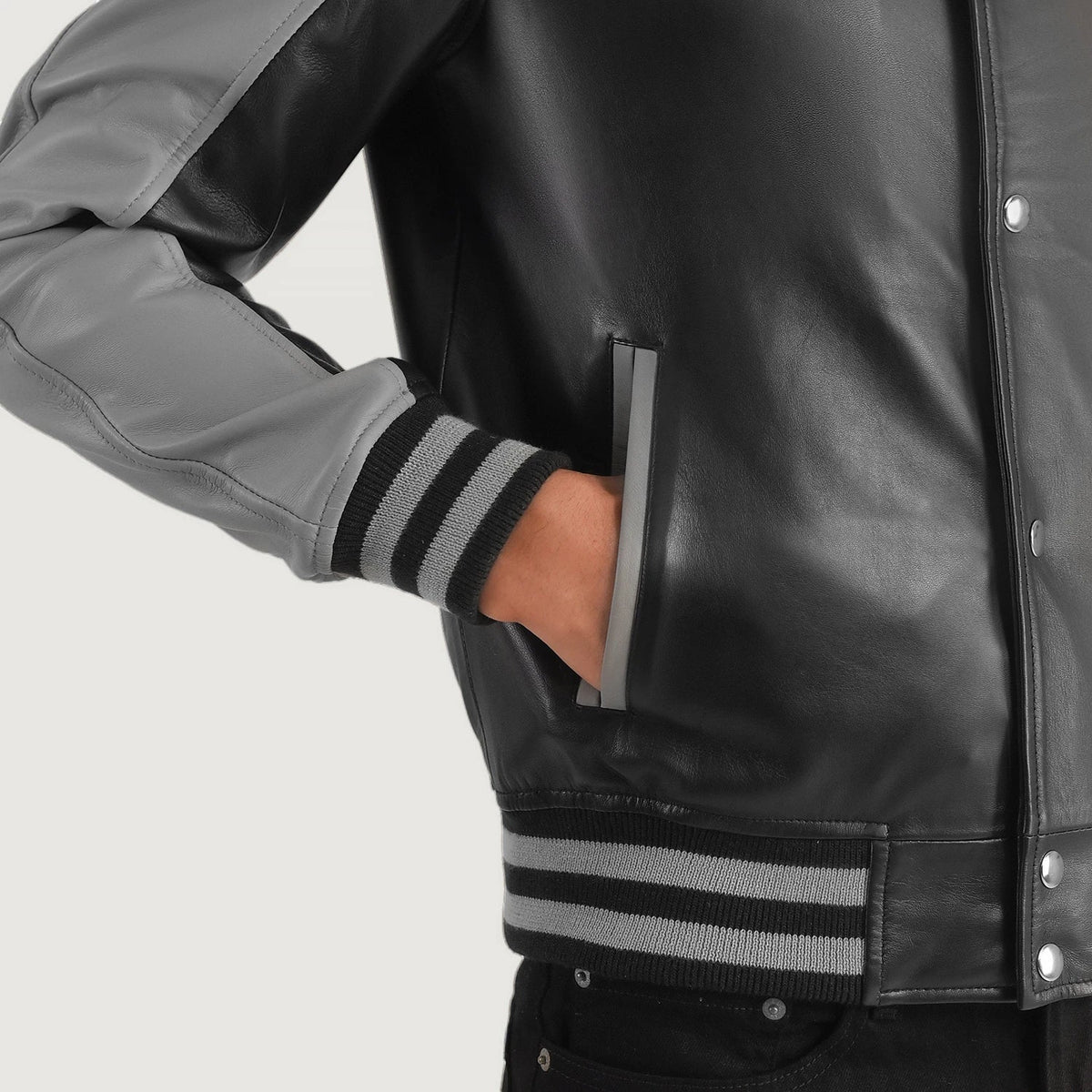 Terrance Black & Grey Leather Varsity Jacket - men's jacket in black & grey sheepskin leather, view 6