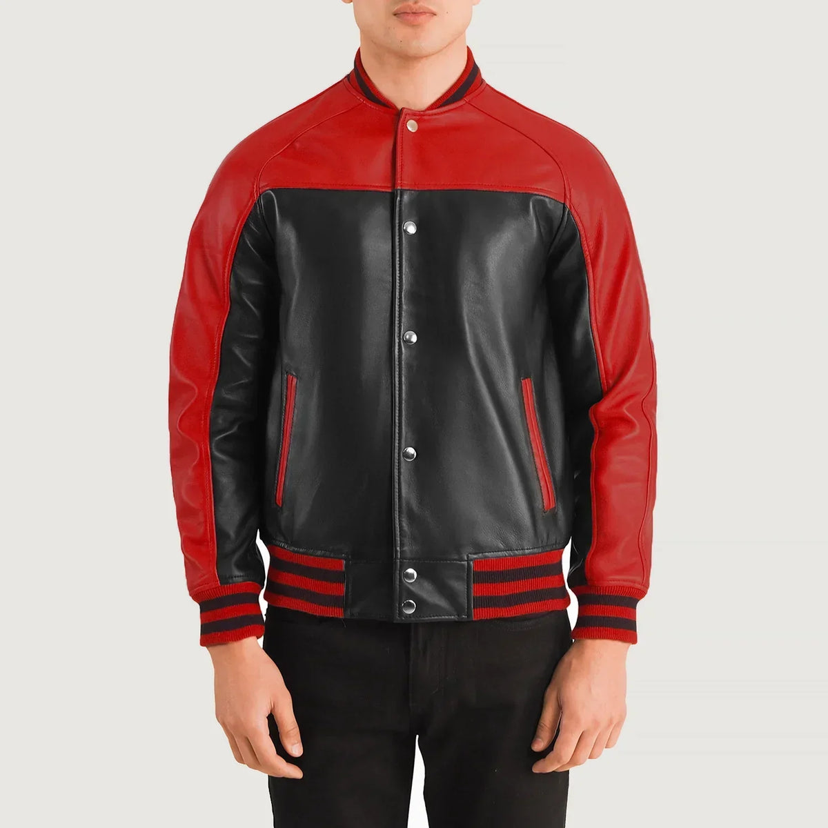 Terrance Black & Red Leather Varsity Jacket - men's jacket in black & red sheepskin leather, view 1