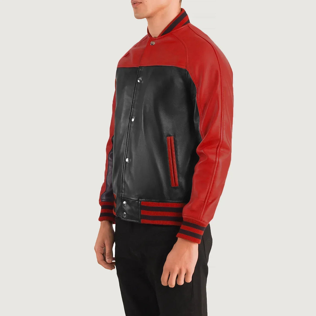 Terrance Black & Red Leather Varsity Jacket - men's jacket in black & red sheepskin leather, view 2
