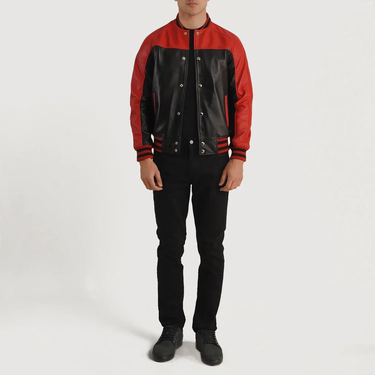 Terrance Black & Red Leather Varsity Jacket - men's jacket in black & red sheepskin leather, view 5