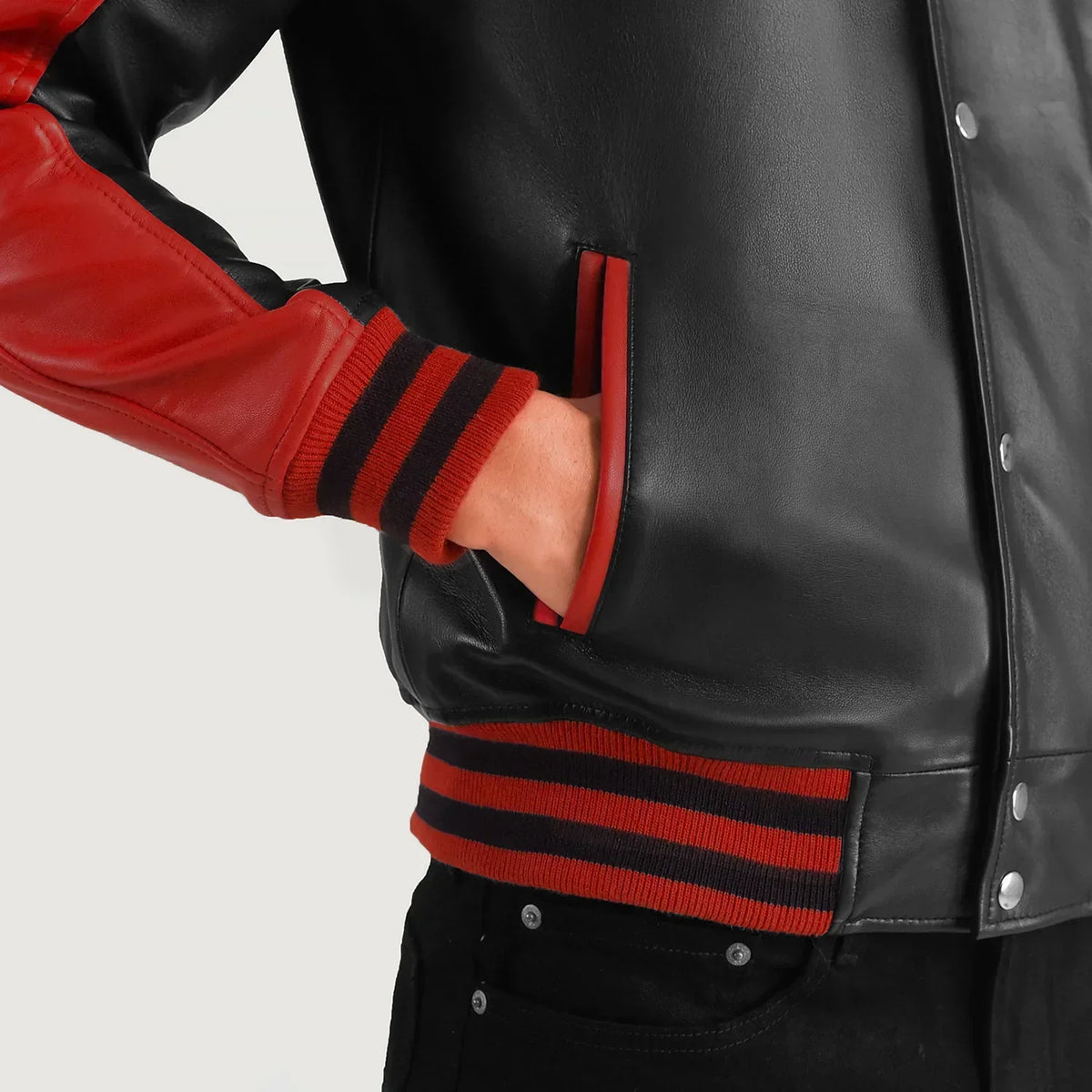 Terrance Black & Red Leather Varsity Jacket - men's jacket in black & red sheepskin leather, view 6