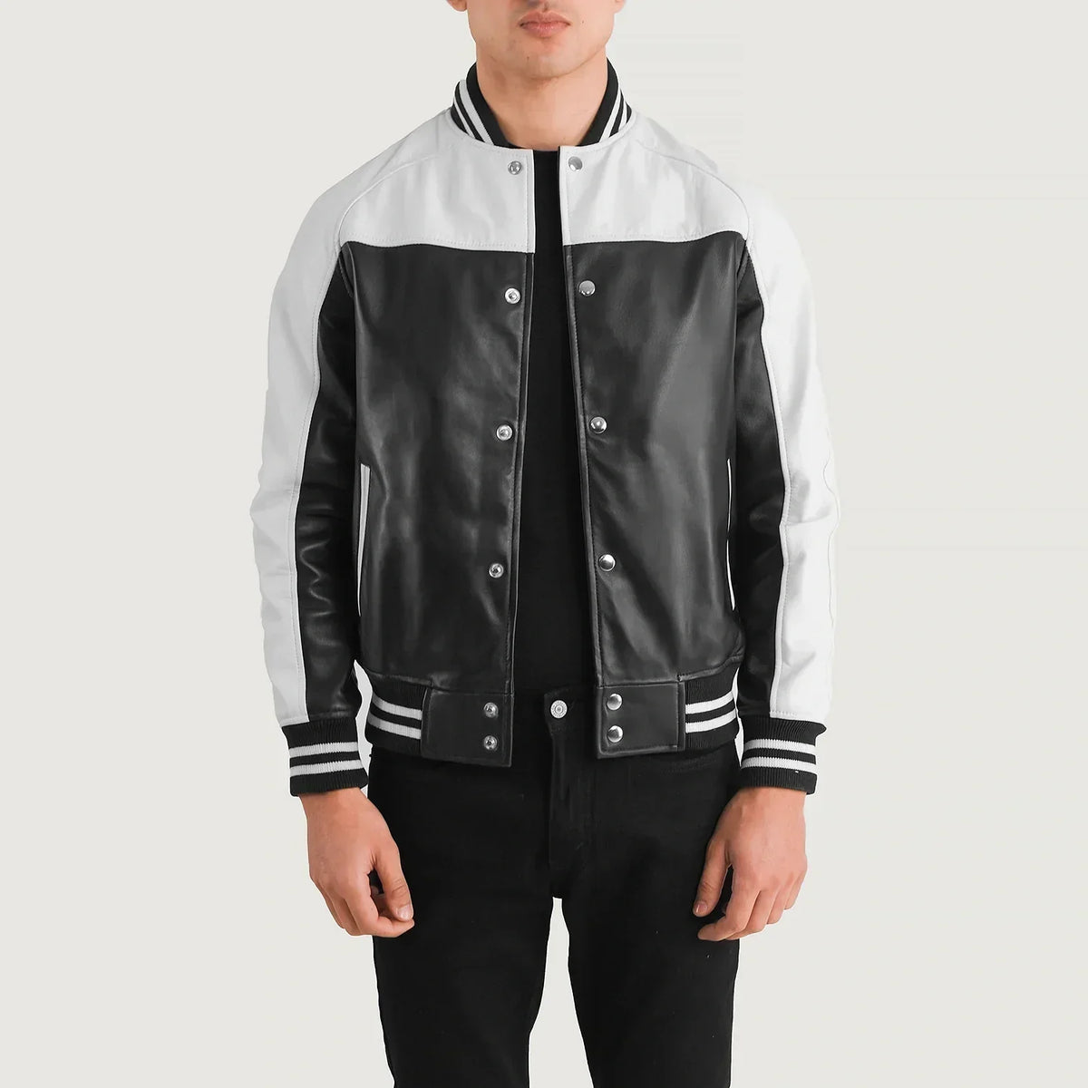 Terrance Black & White Leather Varsity Jacket - men's jacket in black & white sheepskin leather, view 1