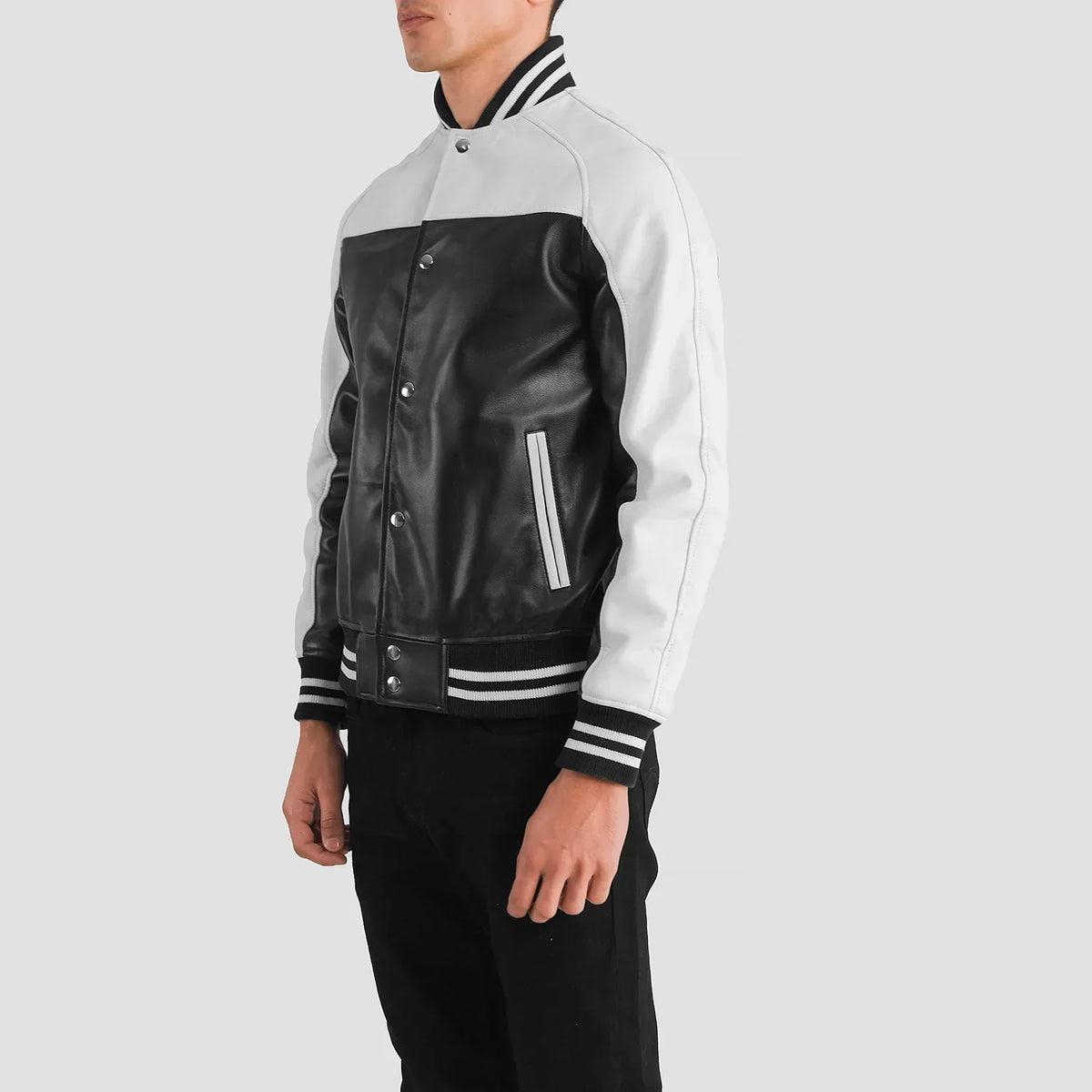 Terrance Black & White Leather Varsity Jacket - men's jacket in black & white sheepskin leather, view 2