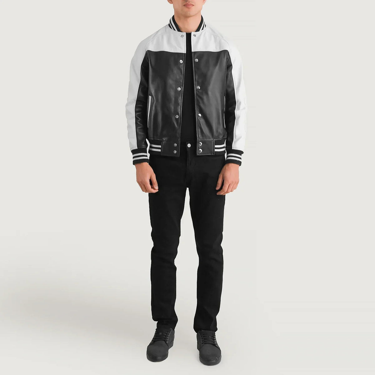 Terrance Black & White Leather Varsity Jacket - men's jacket in black & white sheepskin leather, view 3
