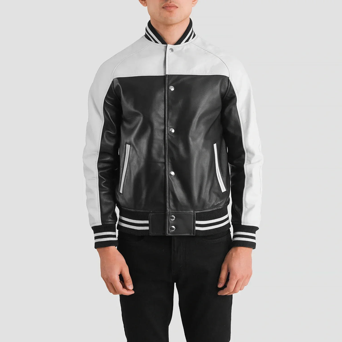 Terrance Black & White Leather Varsity Jacket - men's jacket in black & white sheepskin leather, view 4