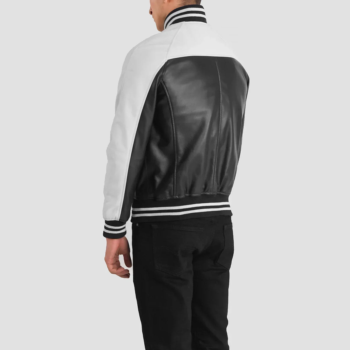 Terrance Black & White Leather Varsity Jacket - men's jacket in black & white sheepskin leather, view 5