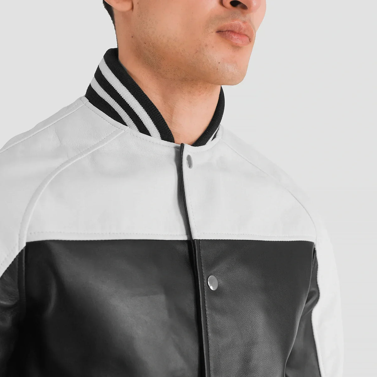 Terrance Black & White Leather Varsity Jacket - men's jacket in black & white sheepskin leather, view 6