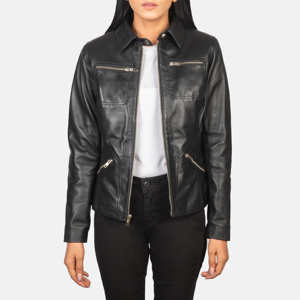 Tomachi Black Leather Jacket - women's jacket in black sheepskin leather, view 1
