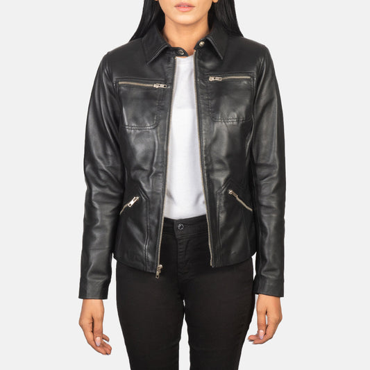 Tomachi Black Leather Jacket - women's jacket in black sheepskin leather, view 1