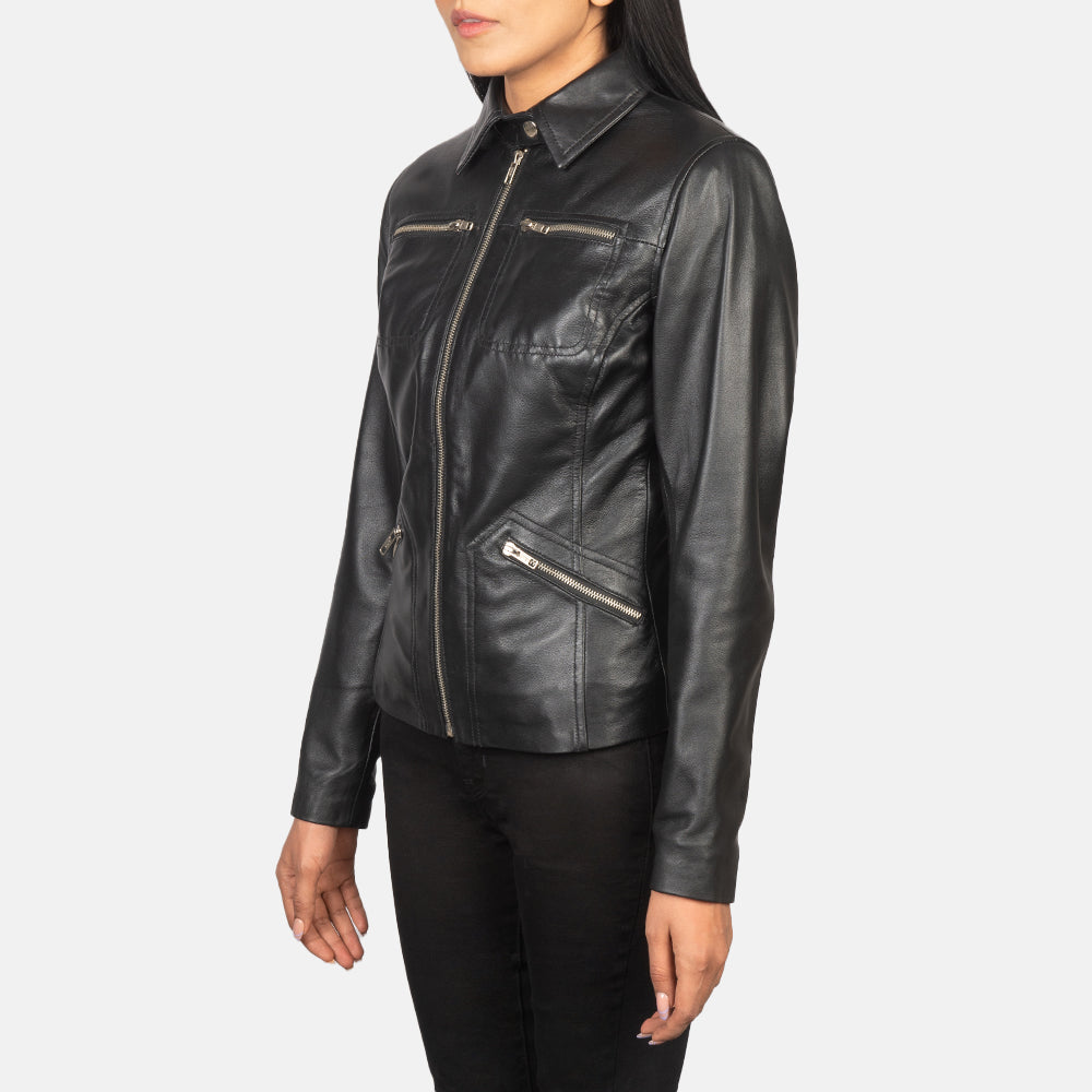Tomachi Black Leather Jacket - women's jacket in black sheepskin leather, view 2