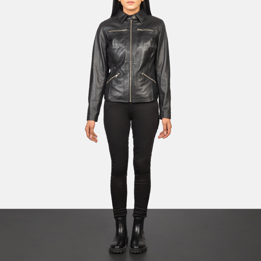 Tomachi Black Leather Jacket - women's jacket in black sheepskin leather, view 3