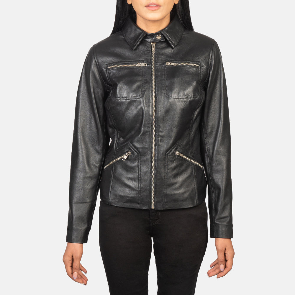 Tomachi Black Leather Jacket - women's jacket in black sheepskin leather, view 4