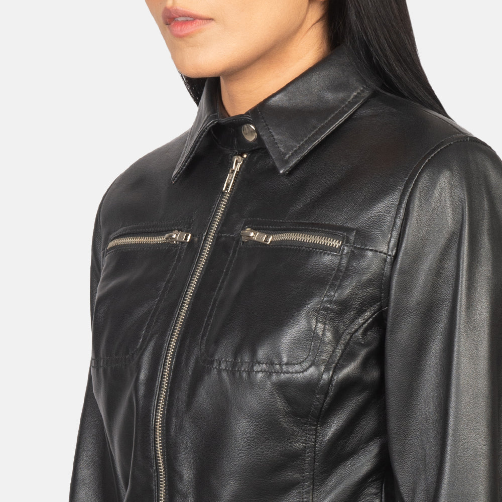 Tomachi Black Leather Jacket - women's jacket in black sheepskin leather, view 6