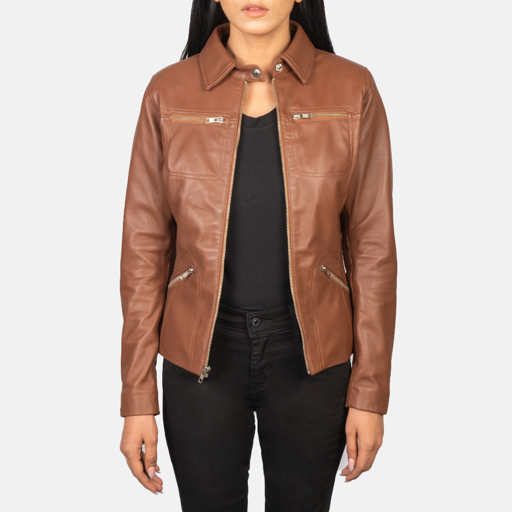 Tomachi Brown Leather Jacket - women's jacket in brown sheepskin leather, view 1