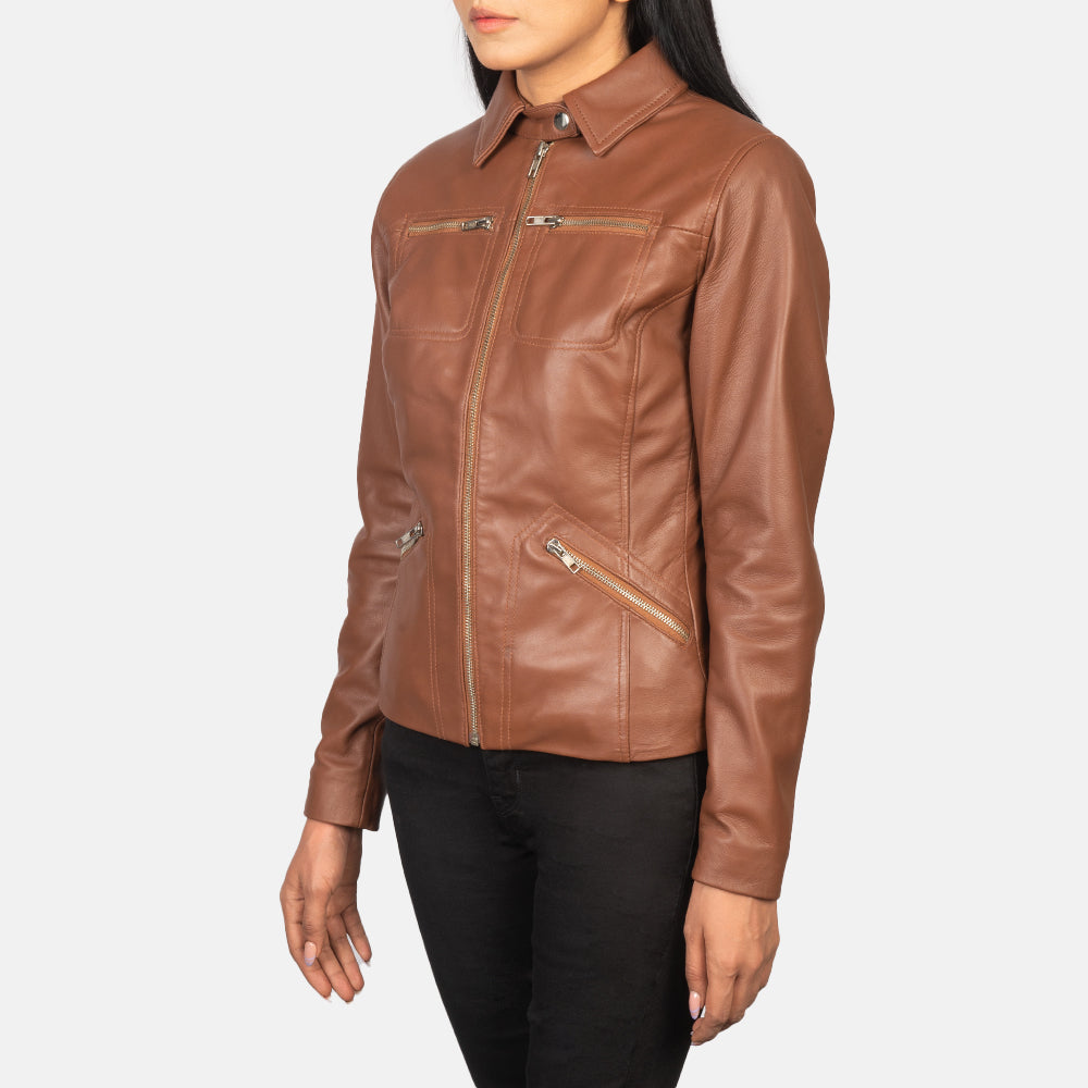 Tomachi Brown Leather Jacket - women's jacket in brown sheepskin leather, view 2